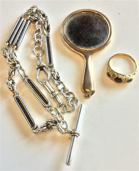 9ct gold miniature hand mirror, a Victorian style gold ring and a silver albert